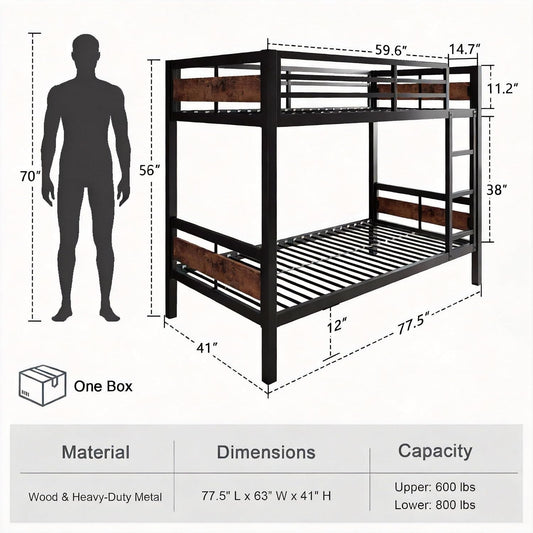 Twin Over Twin Metallic Bunk Bed Vintage Rustic Brown