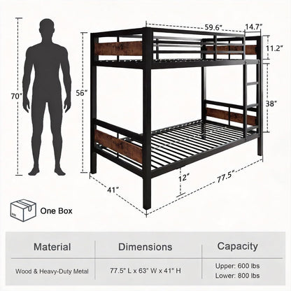 Twin Over Twin Metallic Bunk Bed Vintage Rustic Brown